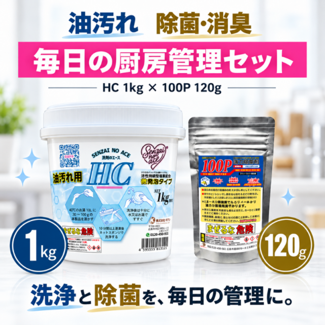 厨房の油汚れ洗浄と除菌対策セット｜洗剤のエースHC 1kg＋100P120g